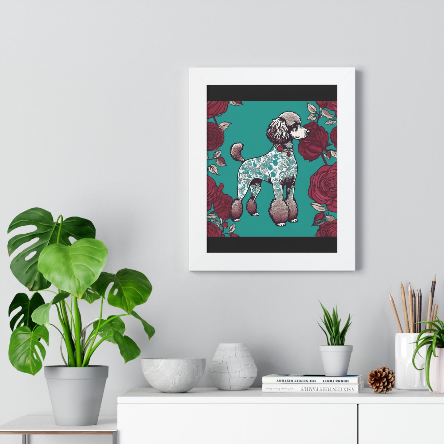 Vertical Poster - Stylish Framed - Art for Home Decor - Damask Aqua & White Poodle With Burgundy Roses
