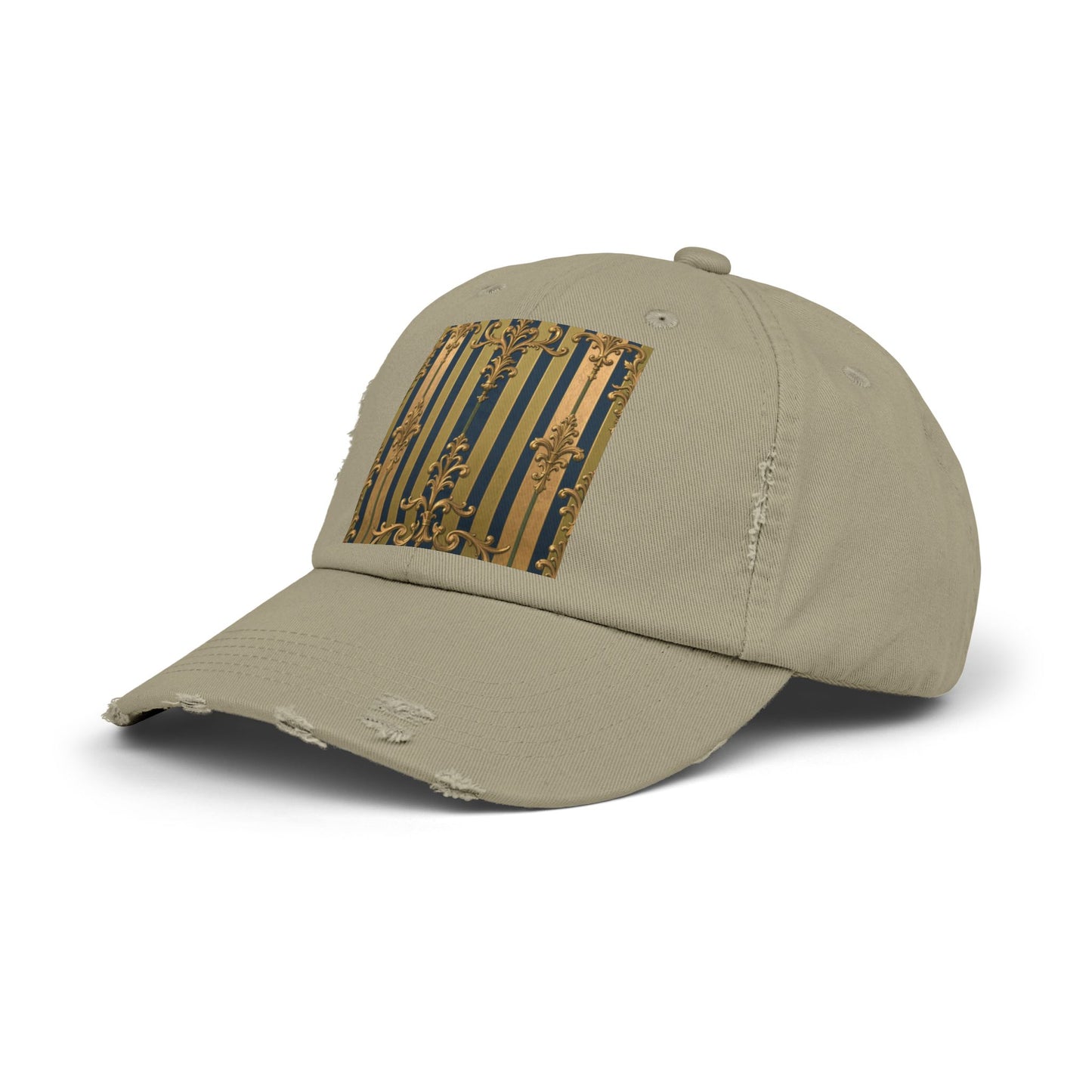 Stylish Midnight Blue & Olive Striped Gold Baroque Unisex Distressed Cap with Elegant Gold Accent, Fashionable Hat for Casual Days, Gift for Birthdays