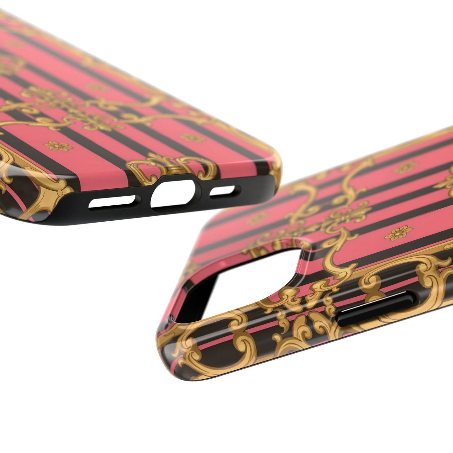 Elegant Baroque Tough Phone Cases, Stylish Protection, Gift for Her, Trendy Accessory - Pink & Black Striped Gold Baroque