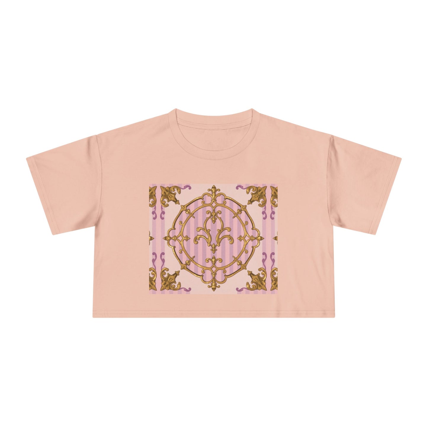 Chic Women's Crop Tee with Elegant Lavender & Alabaster Striped Gold Baroque Print - Perfect for Fashionistas, Festivals, Gifts, Summer Wear