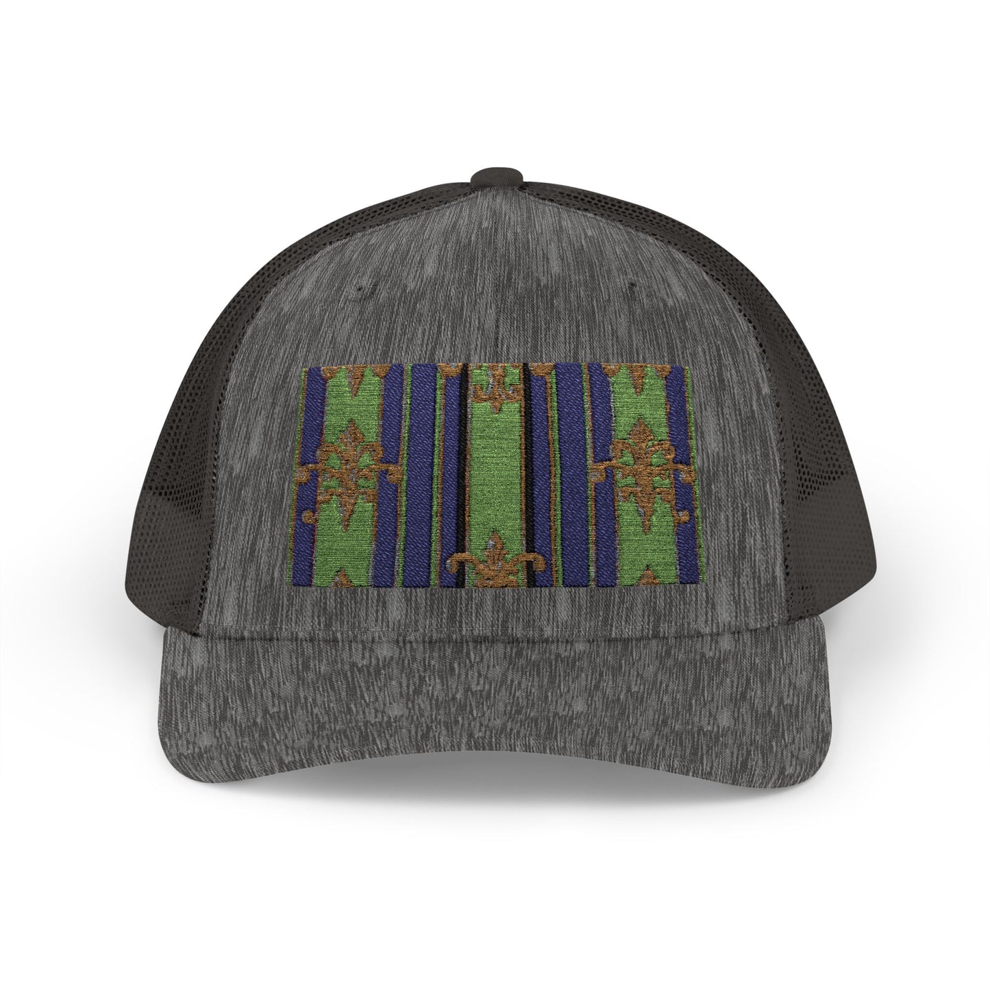 Vibrant Snapback Trucker Cap with Colorful Pattern, Baroque Hat for Festivals, Unisex Cap, Summer Accessory - Green Striped Gold Baroque