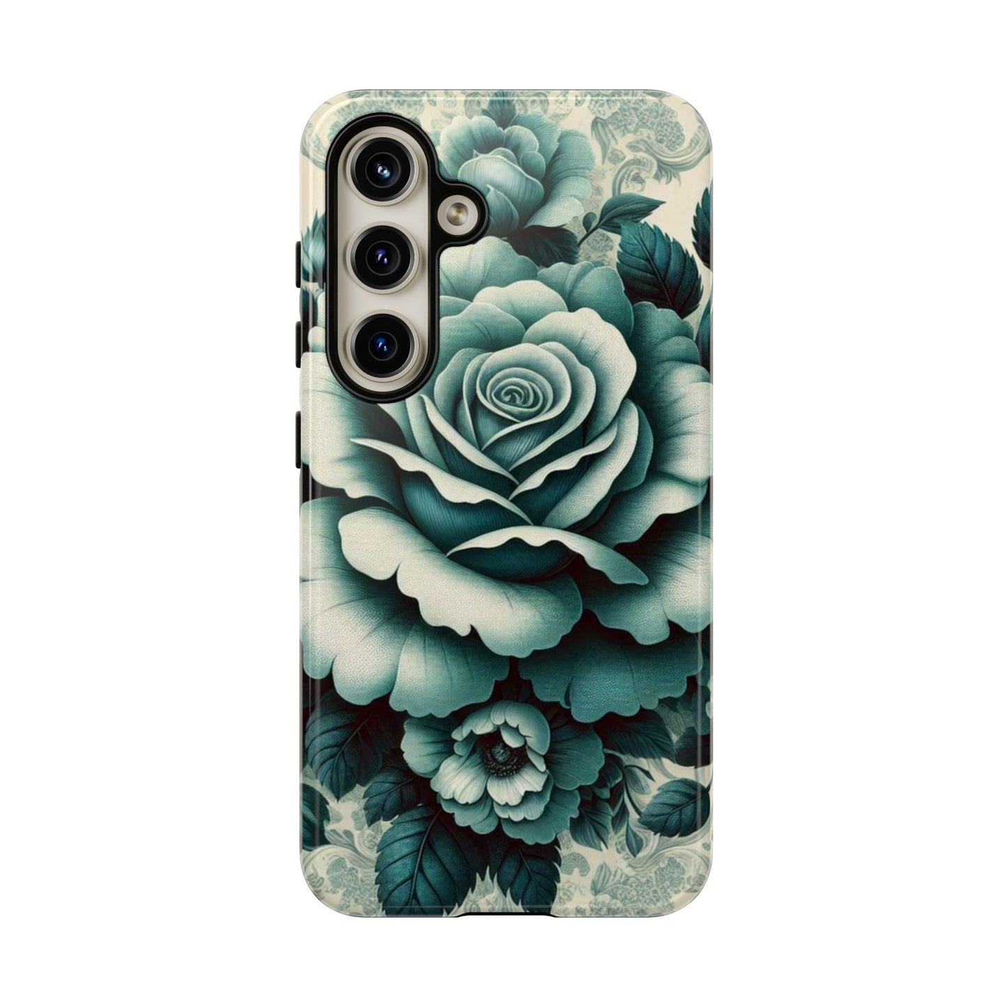 Elegant Floral Motif Phone Case - Tough Cases with Vintage Design - Teal Roses & Damask