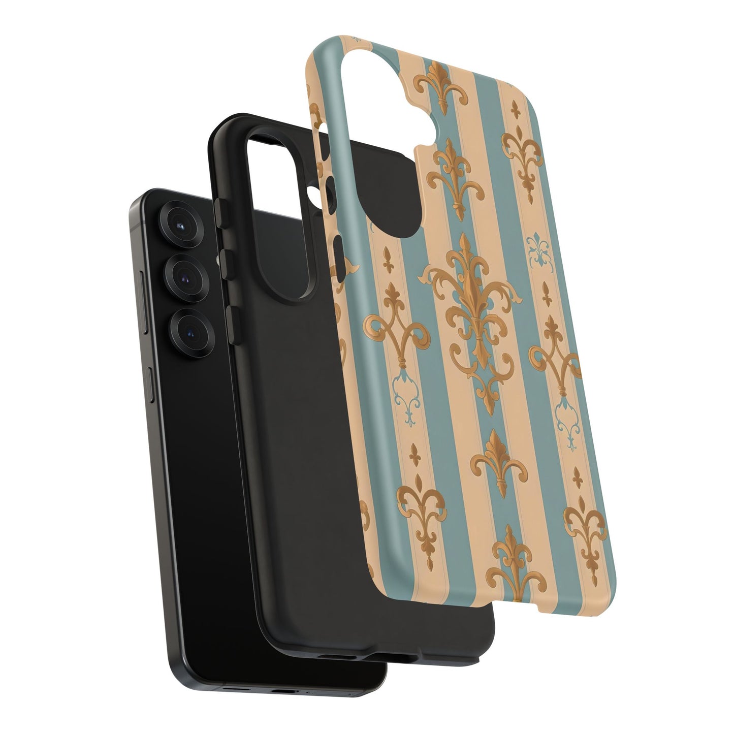 Elegant Floral Motif Phone Case - Tough Cases with Vintage Design -  Beige & Sky Blue Striped Gold Damask