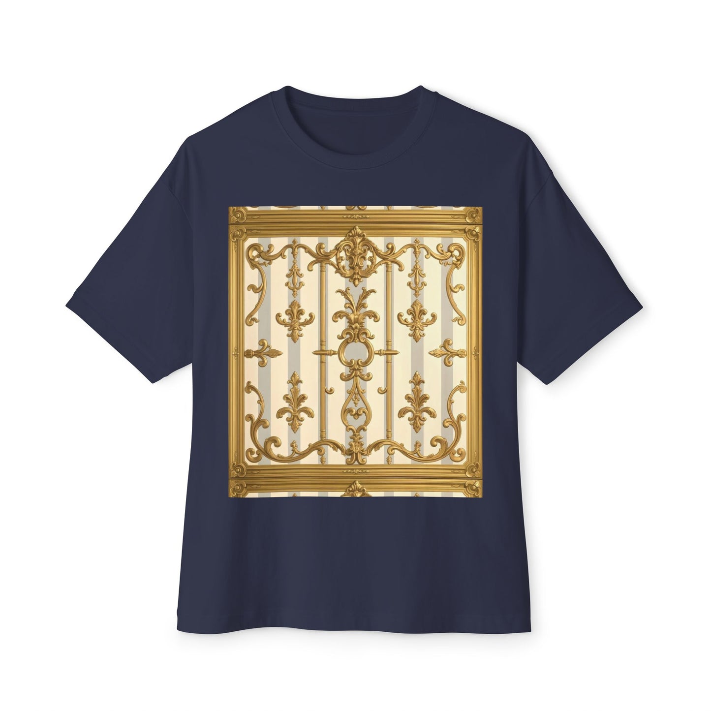 Golden Art Unisex Oversized Tee, Graphic Tee, Trendy Streetwear, Casual Shirt - Matte Gray & Cream Striped Gold Baroque