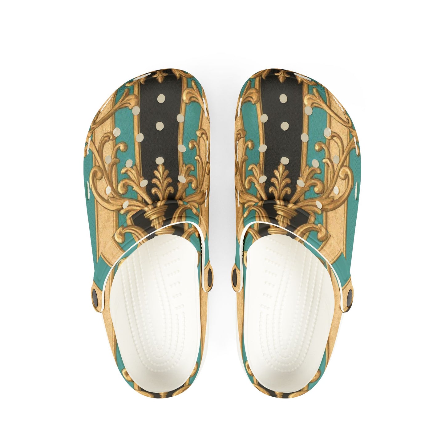 Stylish Black, Tan & Ocean Green Striped Gold Baroque  EVA Foam Rubber Clogs, Trendy Garden Shoes, Fashionable Slip-Ons
