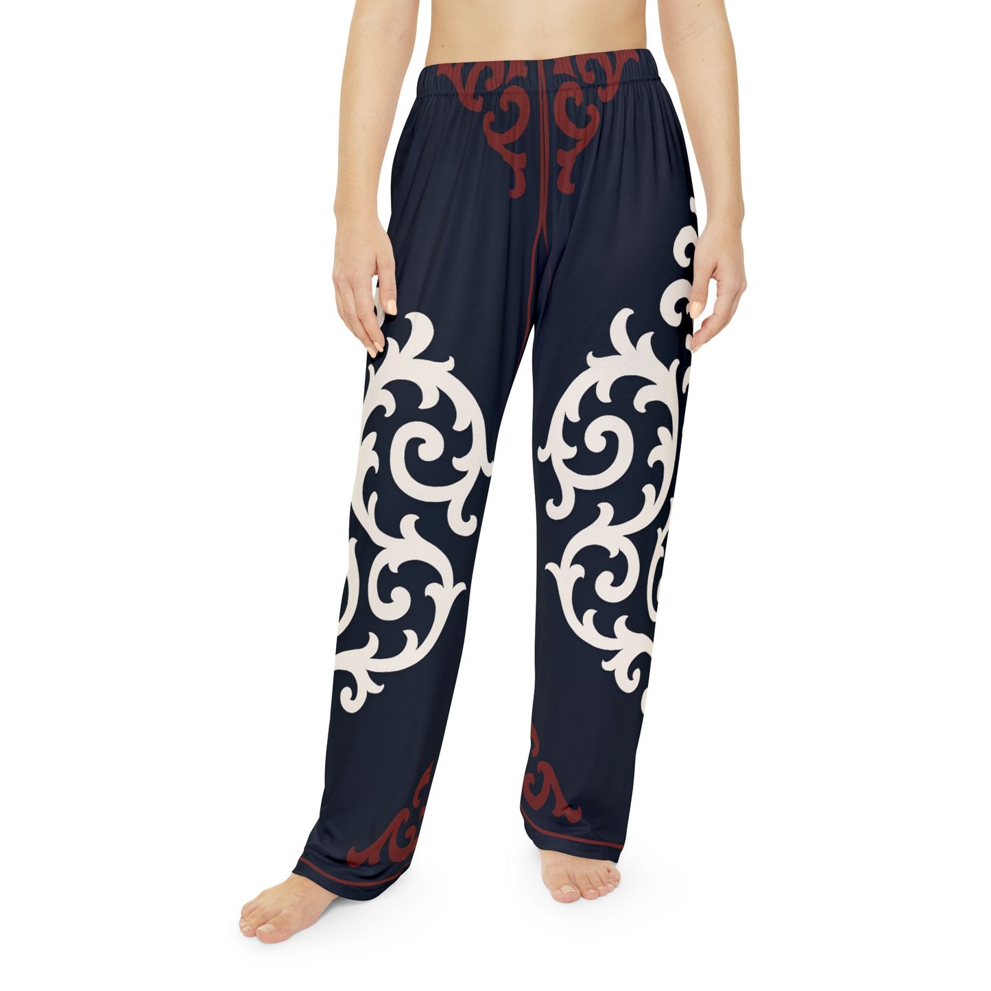 Dusk Blue & Maroon-White Baroque Women's Pajama Pants — Elegant Baroque Lounge Trousers