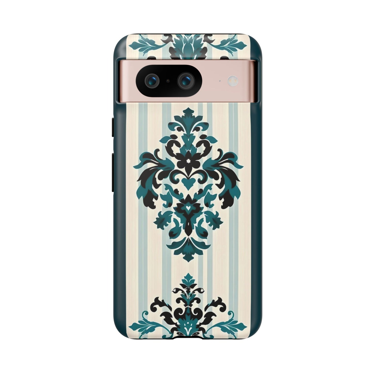 Elegant Floral Phone Case - Tough Cases with Vintage Design - Teal Striped Damask