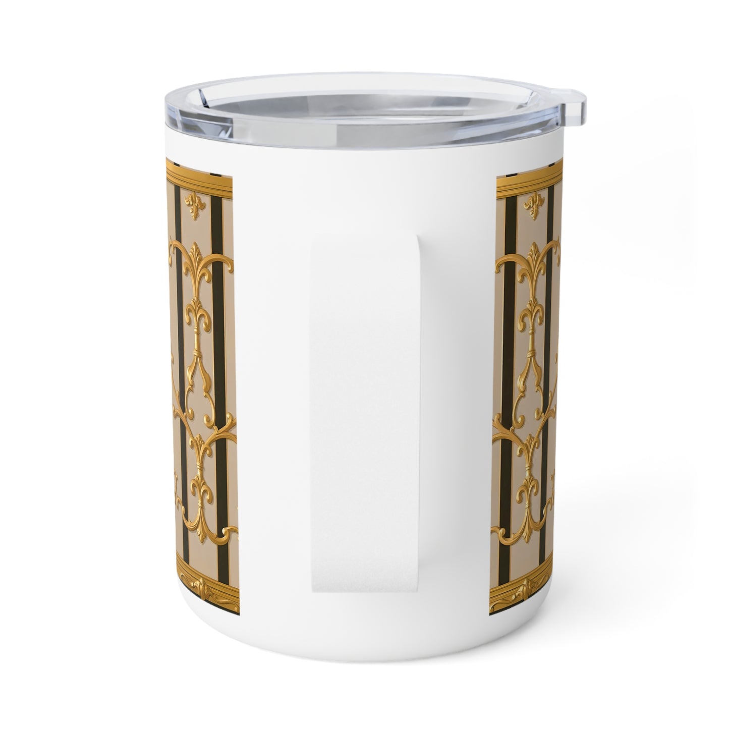 Elegant Insulated Coffee Mug, 10oz - Perfect for Home, Office, Travel, Gift for Coffee Lovers, Decorative Travel Mug - Beige Striped Gold Rococo