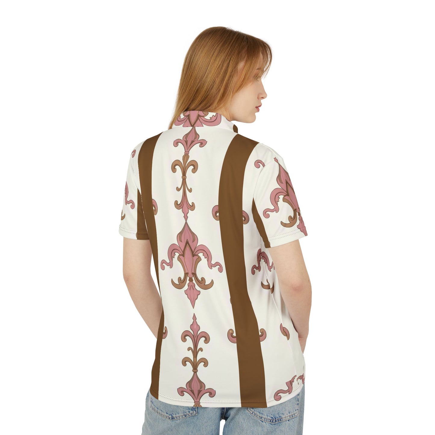 Vintage-Inspired Unisex Polo Shirt, Casual Style, Perfect for Spring/Summer, Everyday Wear, Gift for Him/Her - Brown Striped Pink Arabesque
