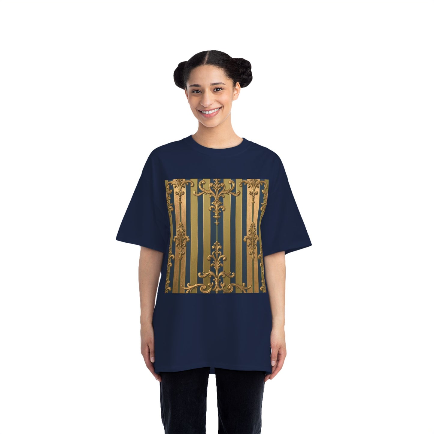 Elegant Midnight Blue & Olive Striped Gold Baroque Short-Sleeve Unisex T-Shirt, Vintage Fashion Tee, Casual Summer Top