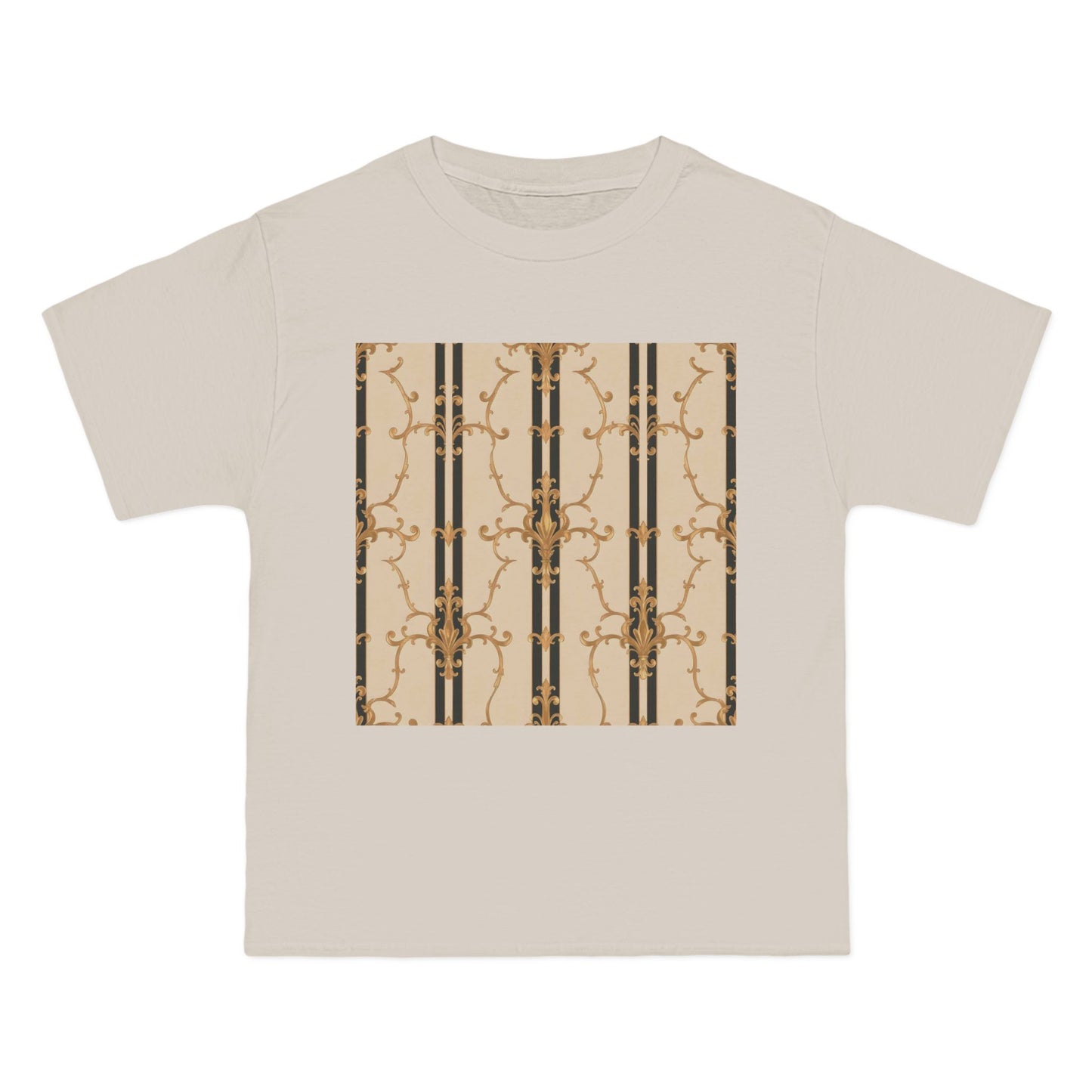 Stylish Graphic Tee for Casual Wear, Fashionable Short-Sleeve Shirt, Unique Summer Top - Black & Beige Striped Damask