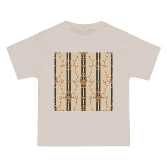 Stylish Graphic Tee for Casual Wear, Fashionable Short-Sleeve Shirt, Unique Summer Top - Black & Beige Striped Damask