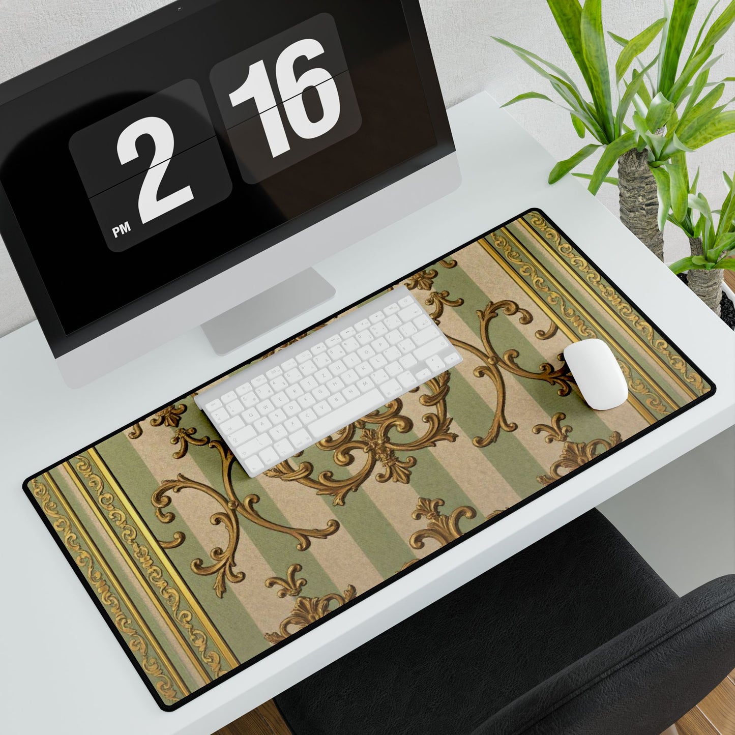 Elegant Vintage Desk Mat, Luxurious Desk Pad for Home Office, Stylish Keyboard Mat, Computer Mouse Pad - Mint Green & Beige Striped Gold Baroque