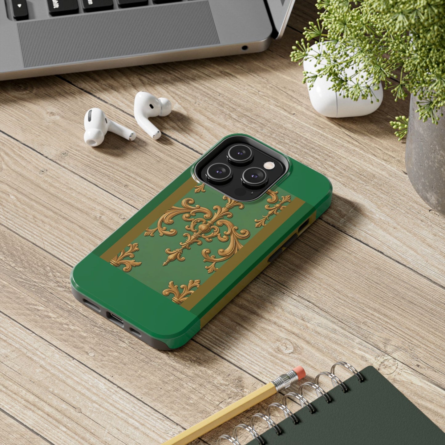 Elegant Floral Tough Phone Case, Durable Phone Cover, Gifts for Her, Stylish Protection, Chic Phone Accessory - Olive Green Striped Rococo