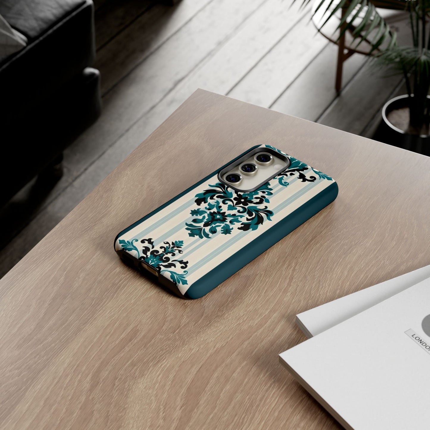 Elegant Floral Phone Case - Tough Cases with Vintage Design - Teal Striped Damask