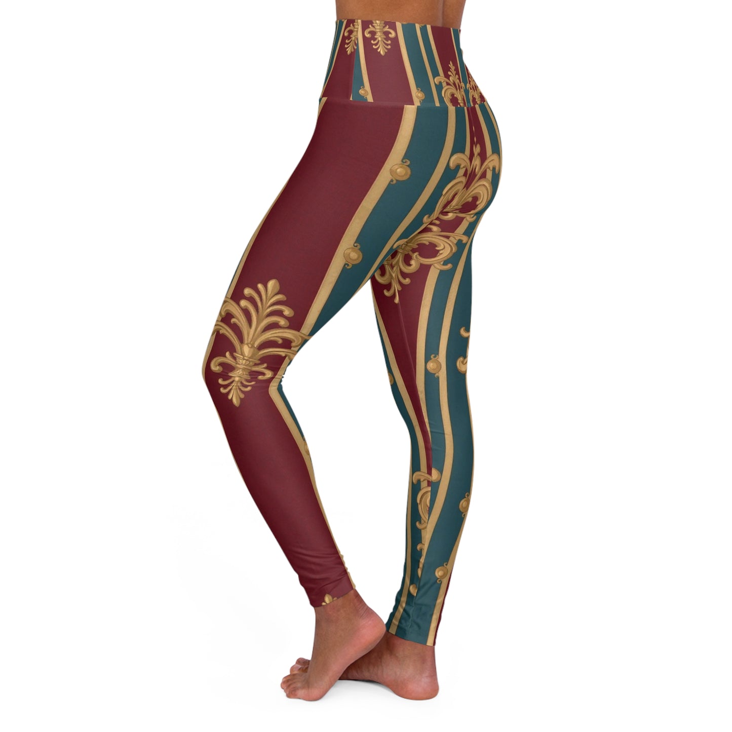 Elegant Patterned High Waisted Yoga Leggings, Stylish Activewear for Yoga, Fitness, and Everyday Comfort - Burgundy Striped Gold Baroque