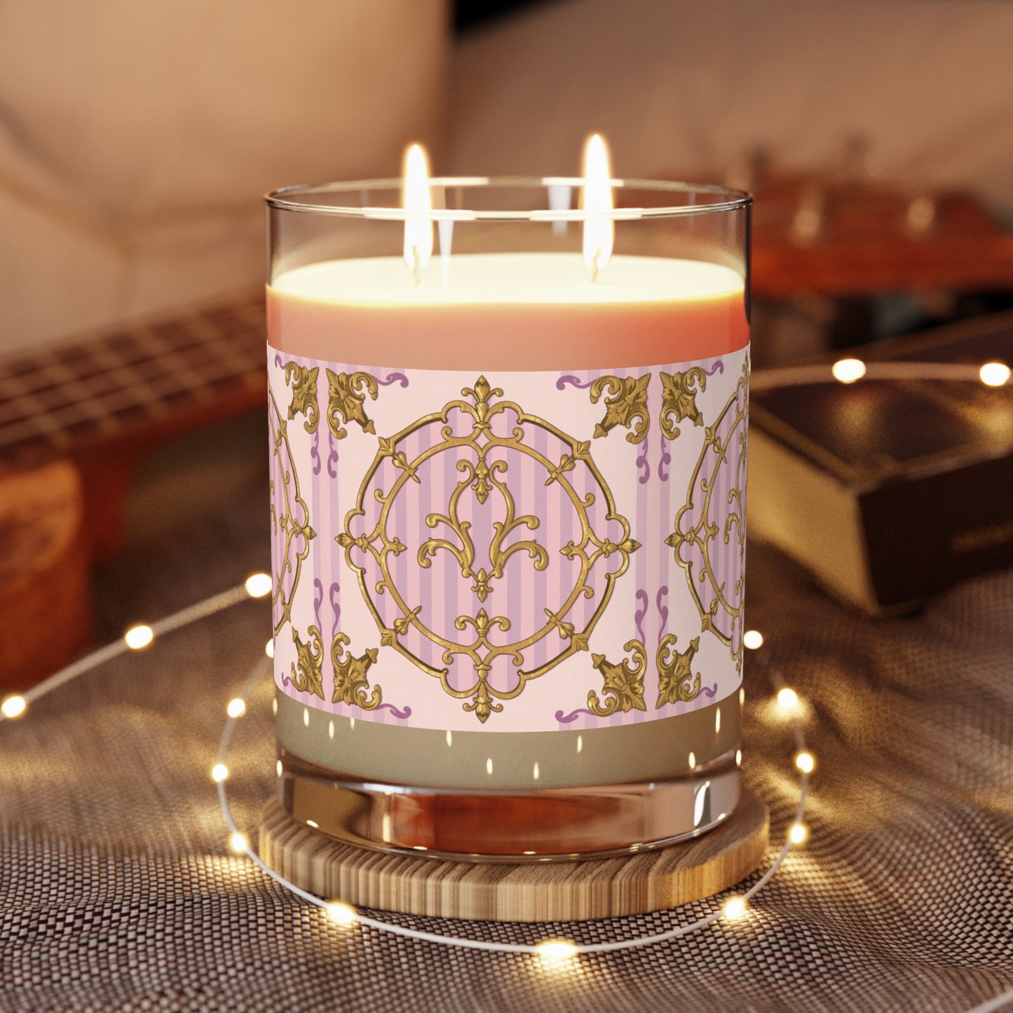 Elegant Lavender & Alabaster Striped Gold Baroque Scented Candle - Luxurious Glass 11oz Decor for Home, Gifts, Aromatherapy, Relaxation