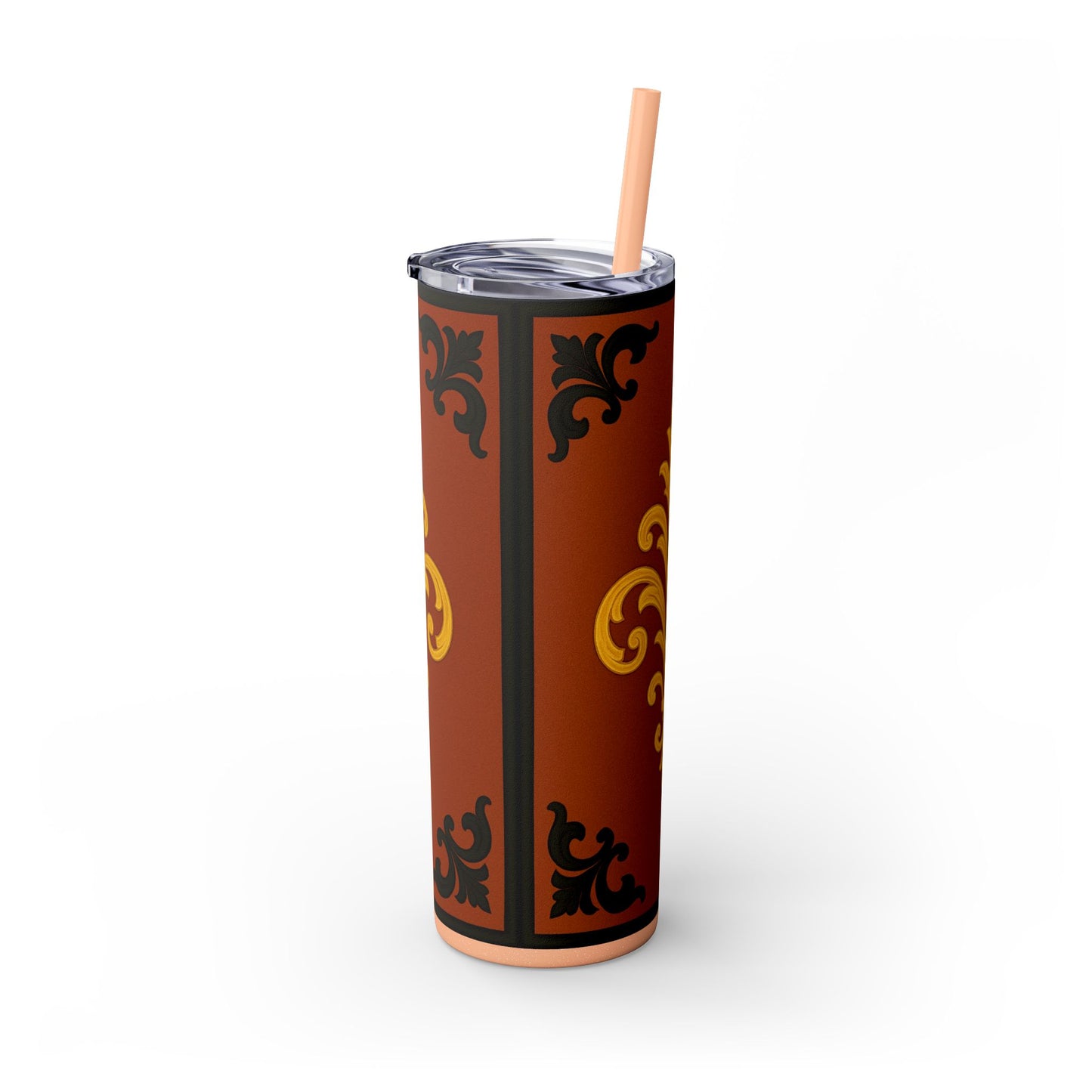 Dusk Terracotta Baroque 20oz Skinny Tumbler with Straw — Vintage Gold Baroque Design