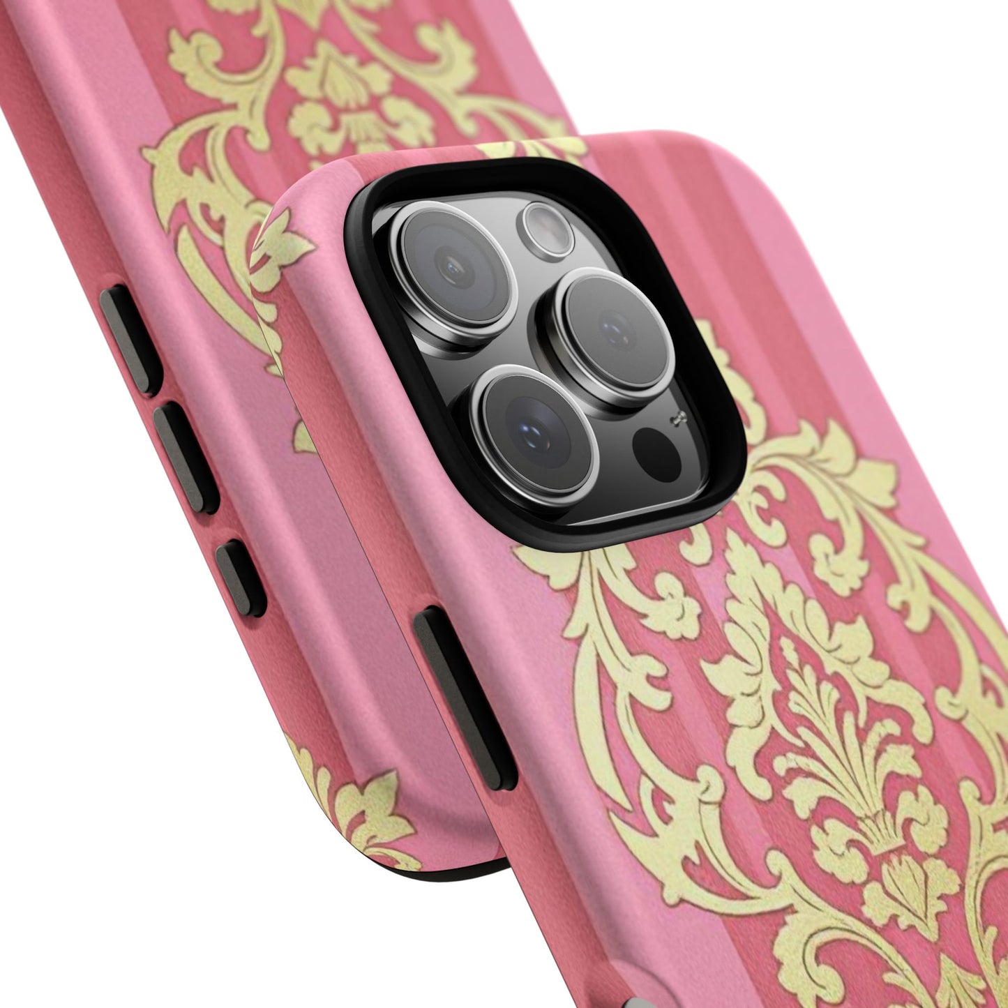 Elegant Floral Motif Phone Case - Tough Cases with Vintage Design - Pink Striped Damask