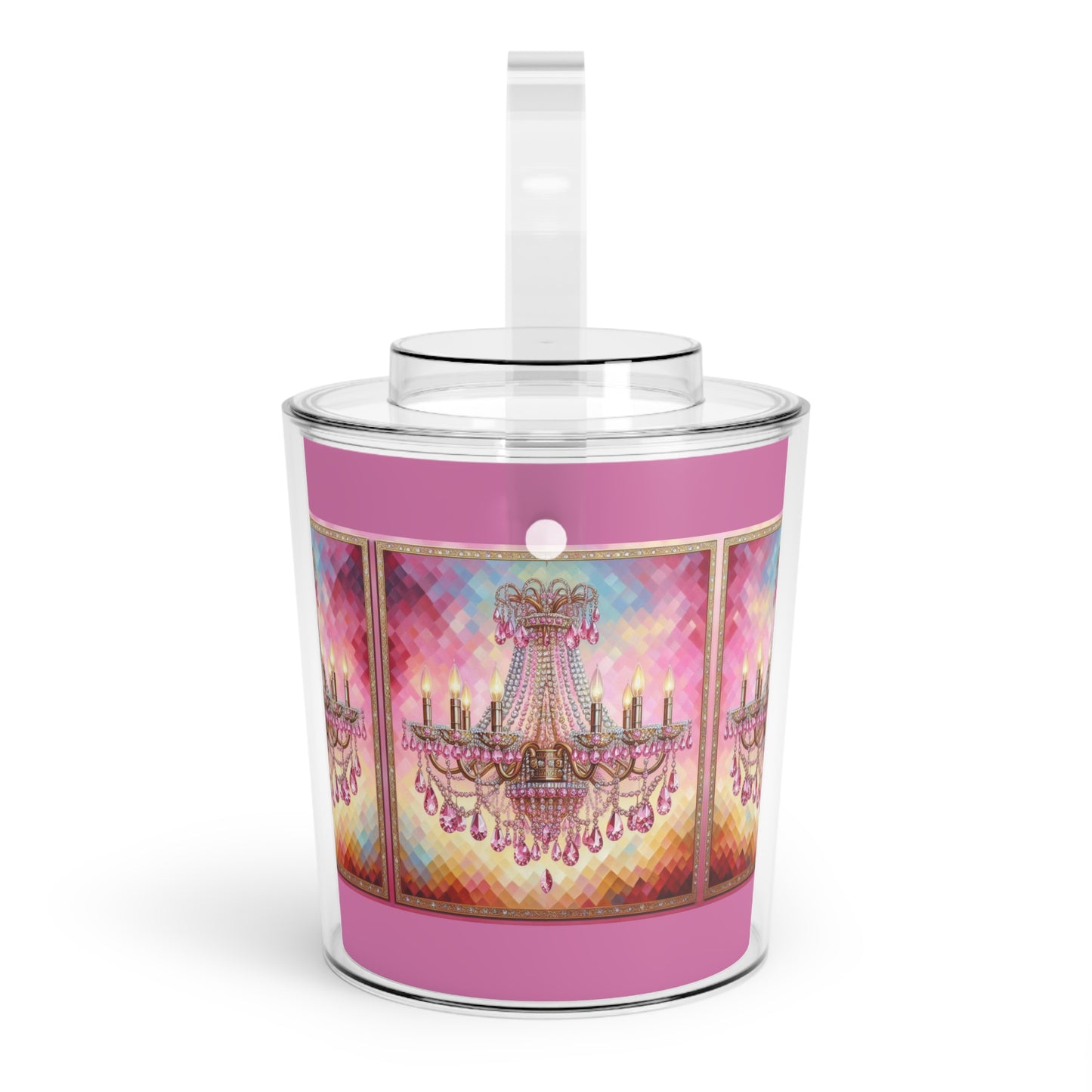 Chic Ice Bucket with Tongs, Elegant Barware for Parties, Glamour Gift for Celebrations, Decorative Beverage Cooler - Pink Jeweled Chandelier