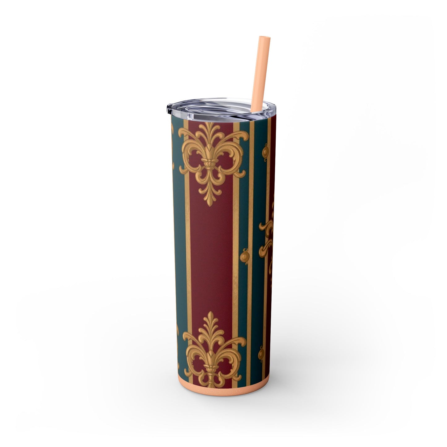 Elegant Vintage Skinny Tumbler with Straw, 20oz | Gold & Burgundy Design | Travel Mug, Gift for Her - Burgundy Striped Gold Baroque