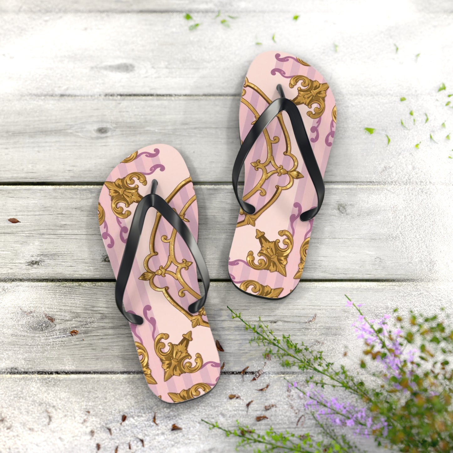 Elegant Lavender & Alabaster Striped Gold Baroque Flip Flops - Perfect for Summer Days, Beach Trips, Pool Parties, Vacation, and Relaxing at Home