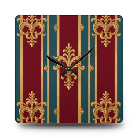 Vintage-Inspired Acrylic Wall Clock, Elegant Home Decor, Timeless Gift, Boho Style Wall Art, Unique Timepiece  - Burgundy Striped Gold Baroque