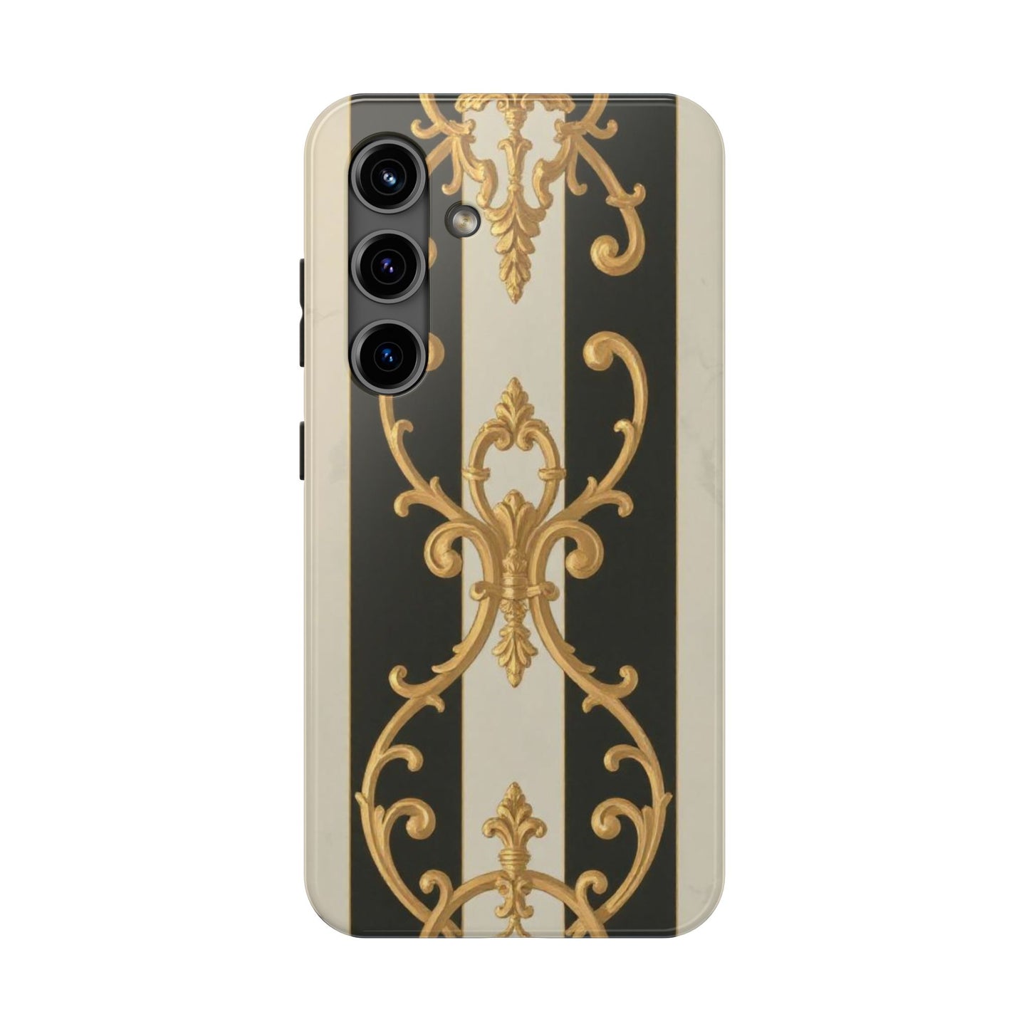 Elegant Black & Alabaster Striped Baroque Tough Phone Cases - Chic Protection, Black Gold Decor, Stylish Accessory, Gift for Her, Trendy Tech
