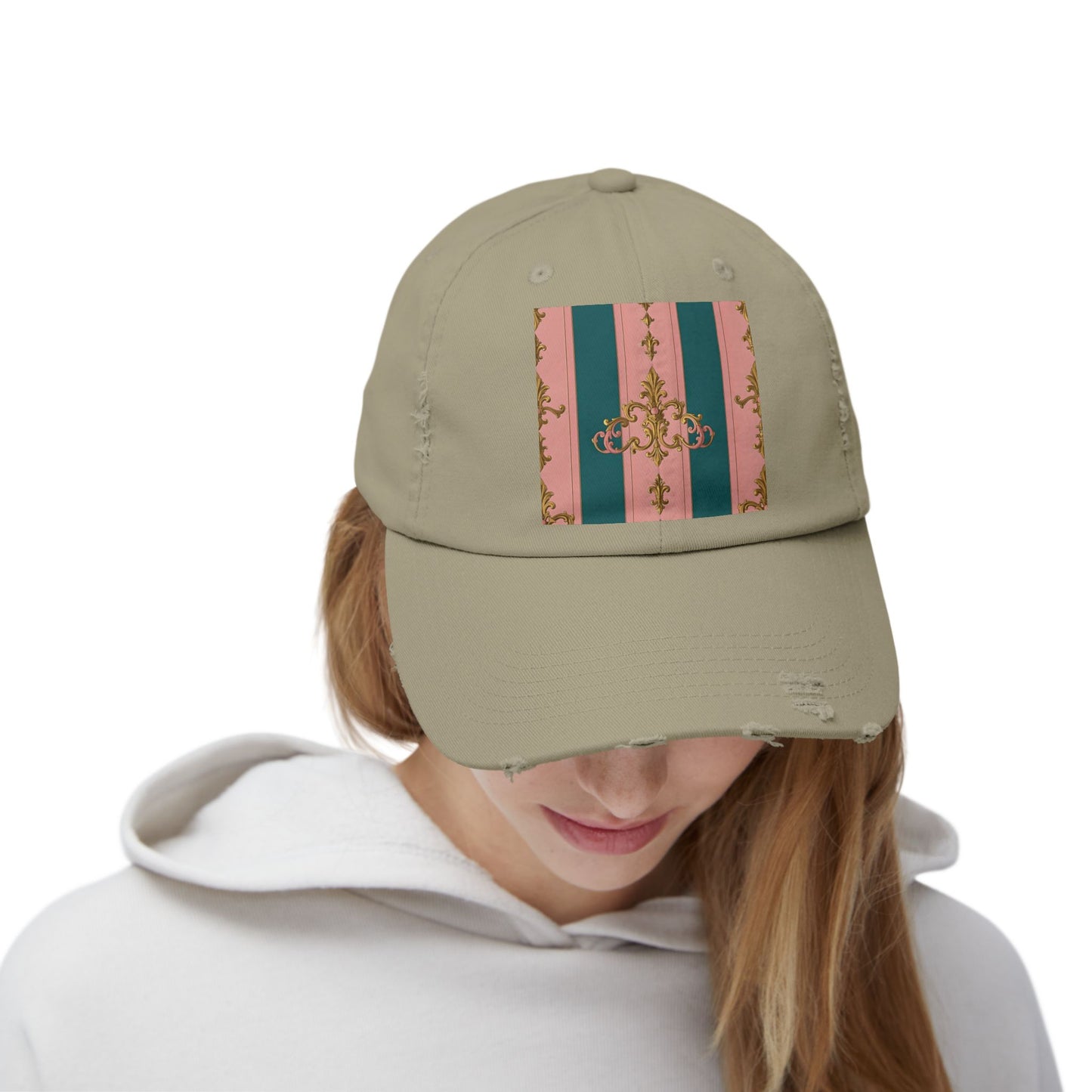 Chic Vintage Distressed Cap, Trendy Unisex Baseball Hat, Fashionable Everyday Wear - Pink & Teal Striped Gold Baroque