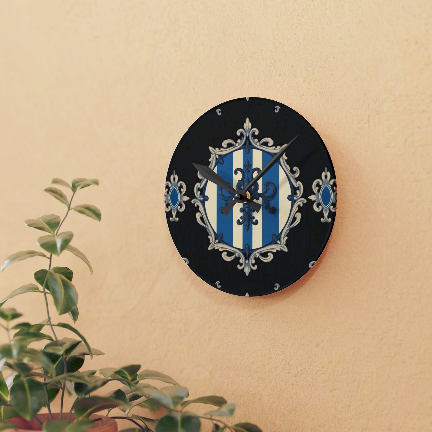 Elegant Blue Striped Baroque-Inspired Acrylic Wall Clock, Decorative Home Accessory, Unique Gift for Wedding, Housewarming, Stylish Decor