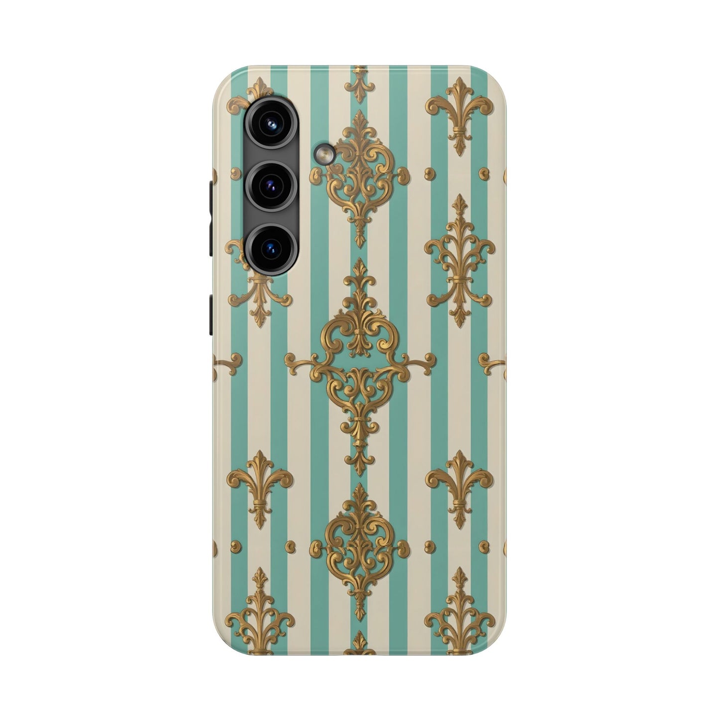 Elegant Striped Phone Case with Vintage Design, Tough Phone Cover, Stylish Smartphone Case - Matte Green Striped Rococo