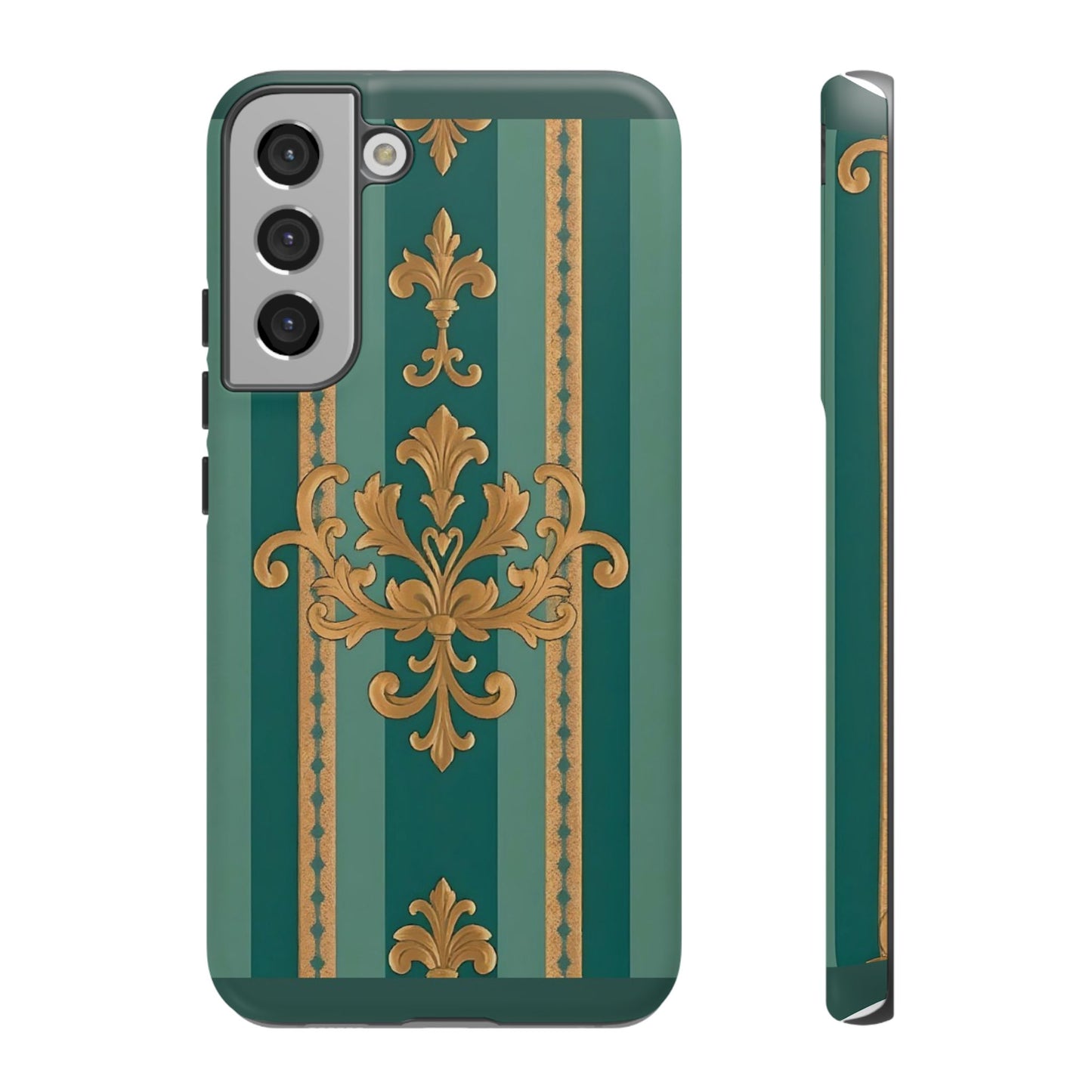 Elegant Floral Motif Phone Case - Tough Cases with Vintage Design - Teal Striped Gold Damask
