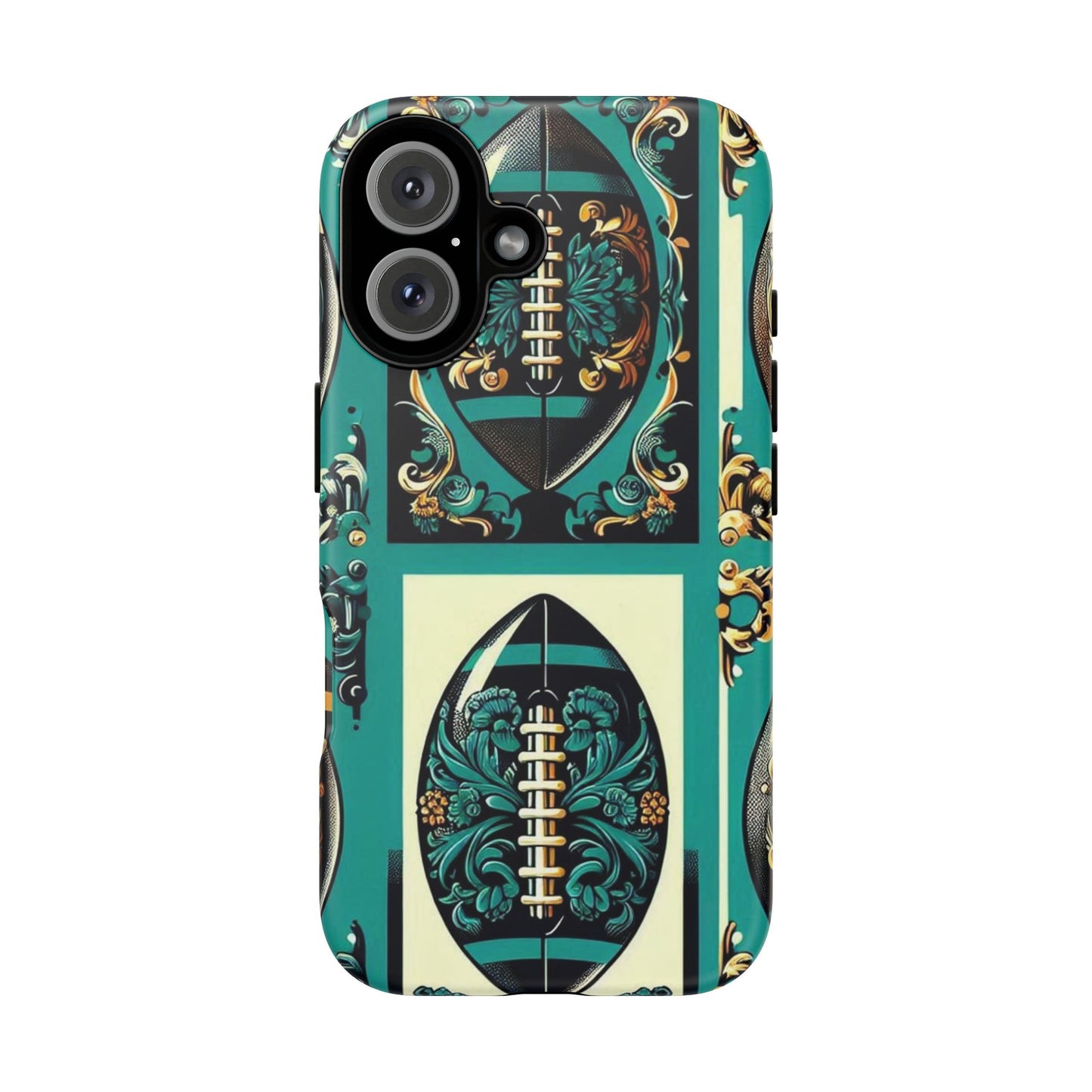 Elegant Floral Motif Phone Case - Tough Cases with Vintage Design -  Damask Teal, Gold & Black Footballs