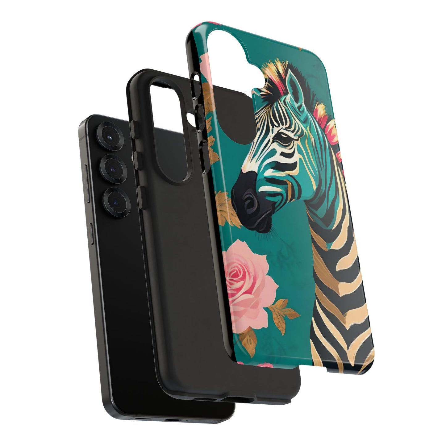 Phone Case - Elegant Teal & Gold Zebra & Roses Design