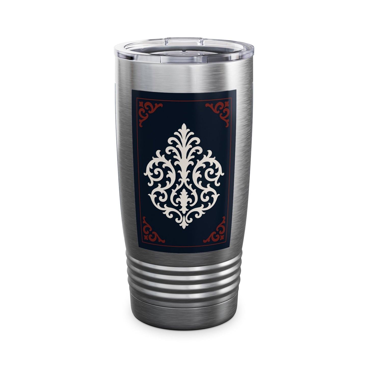 Dusk Blue-Maroon & White Baroque 20oz Ringneck Tumbler with Classic Baroque Design — Elegant Travel Mug