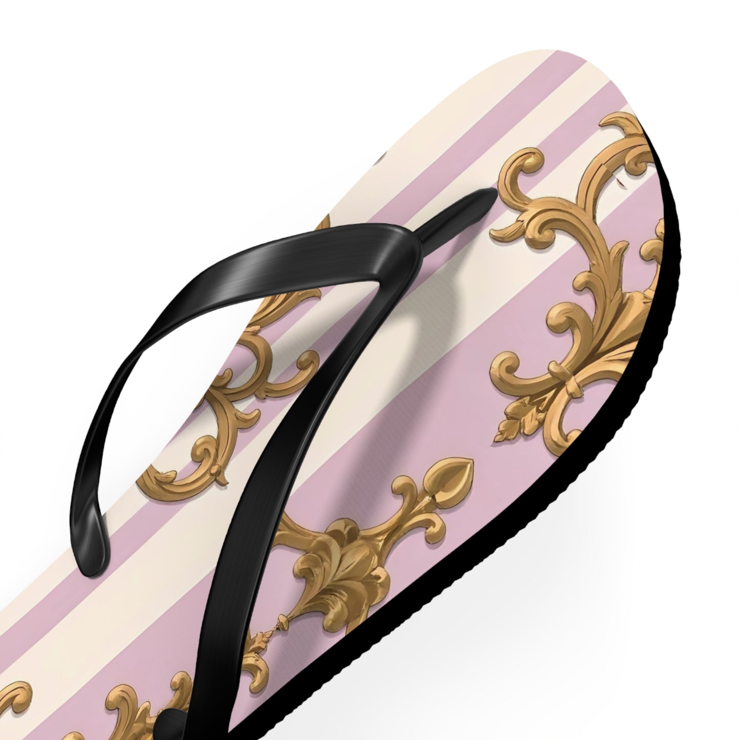 Chic Patterned Flip Flops for Stylish Summer Vibes, Beach Footwear, Vacation Sandals - Lilac & Alabaster Striped Gold Baroque