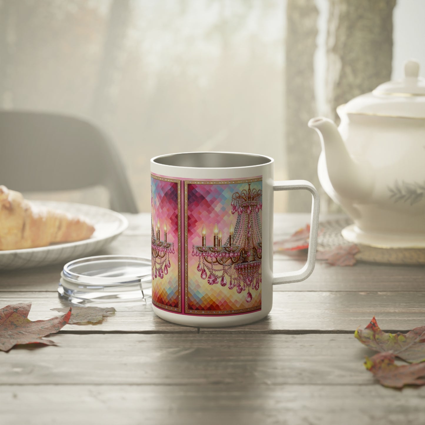 Elegant Chandelier Insulated Coffee Mug, 10oz - Perfect Gift for Coffee Lovers, Home Decor, Housewarming, Birthday, Wedding - Pink Jeweled Chandelier