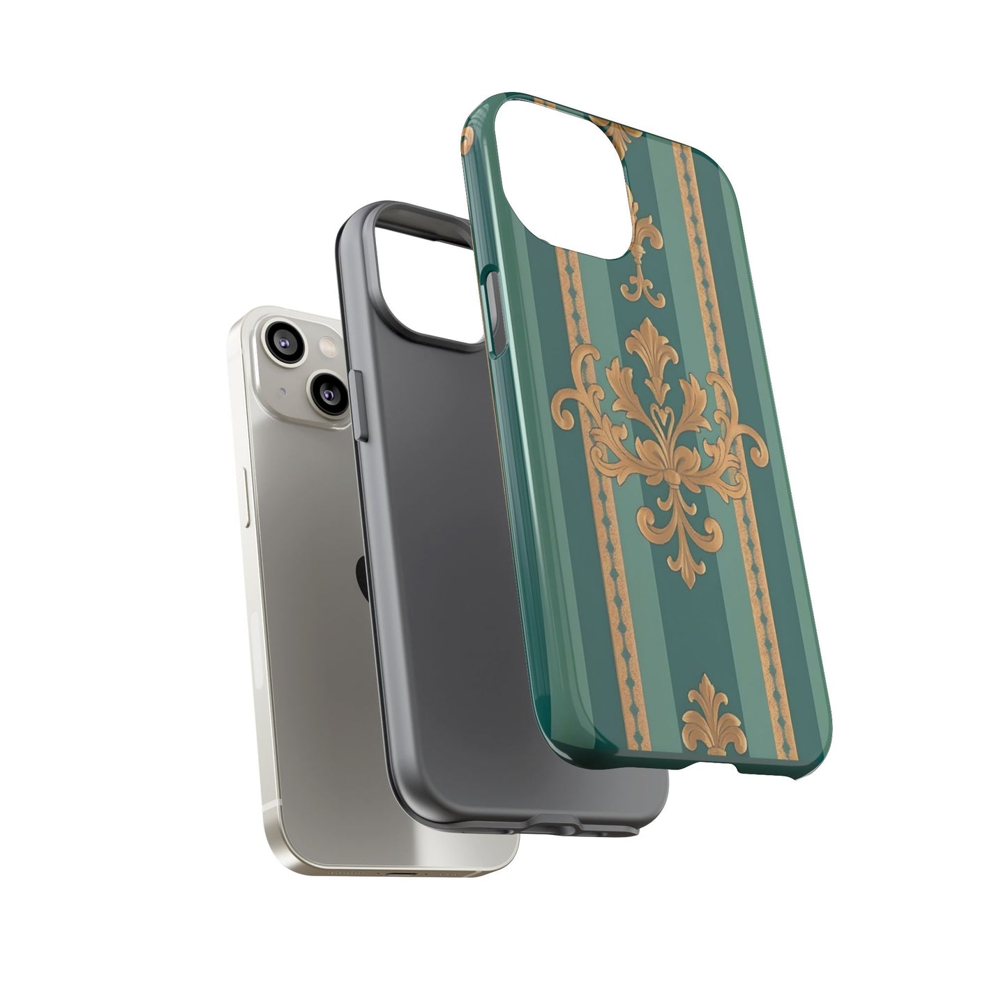 Elegant Floral Motif Phone Case - Tough Cases with Vintage Design - Teal Striped Gold Damask
