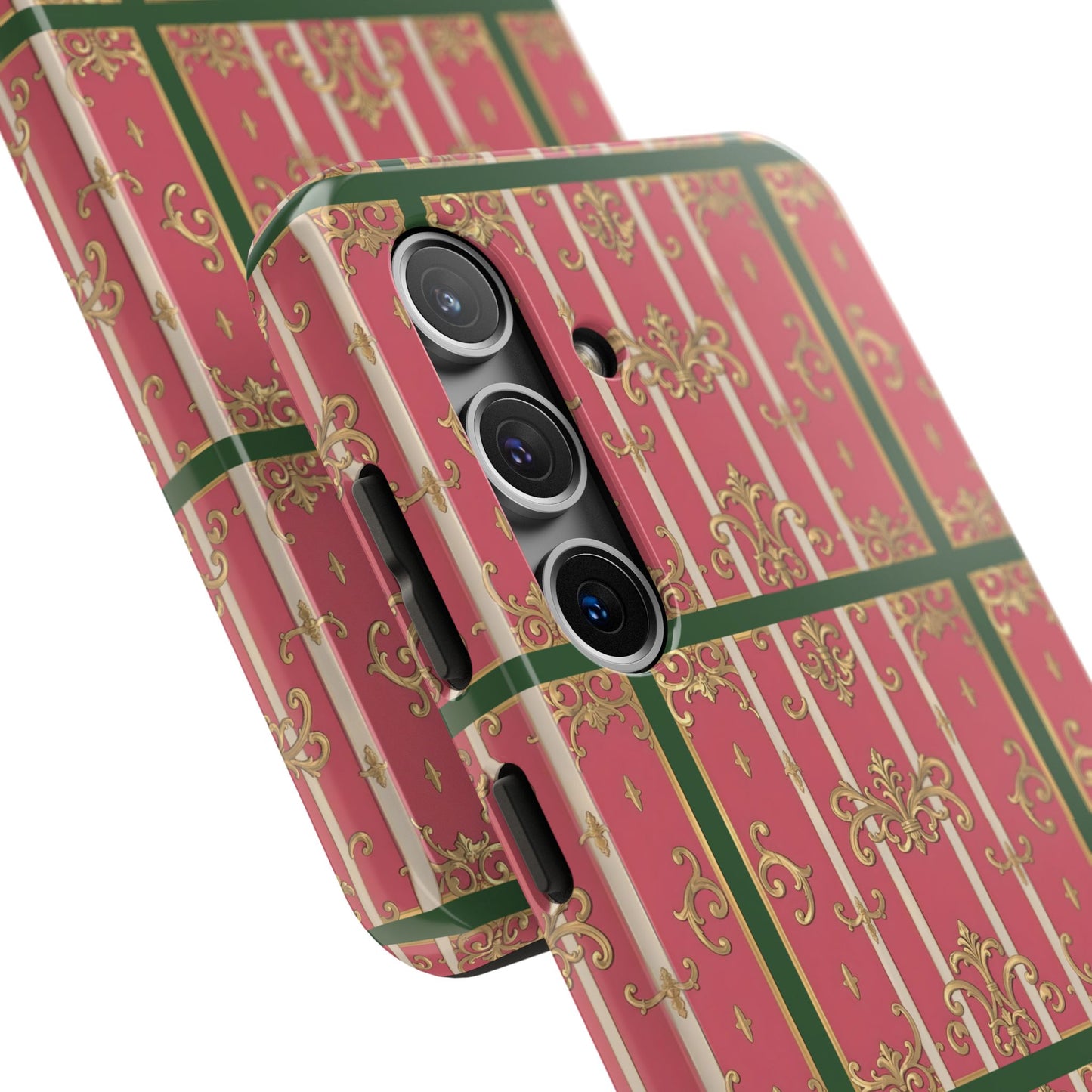 Elegant Green Border Pink Striped Baroque Phone Cases, Tough Phone Cases for Protection, Stylish Mobile Accessories, Gift for Her, Holiday Tech Gifts