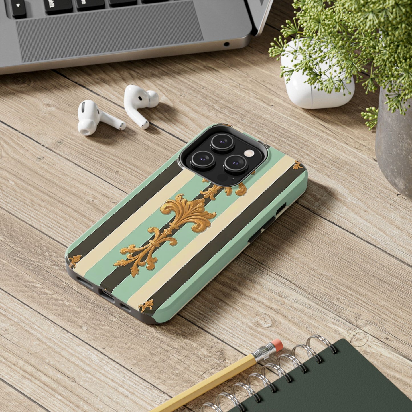 Elegant Floral Tough Phone Cases - Stylish Protection for All Occasions, Gifts for Her, Phone Covers - Black & Matte Mint Striped Rococo