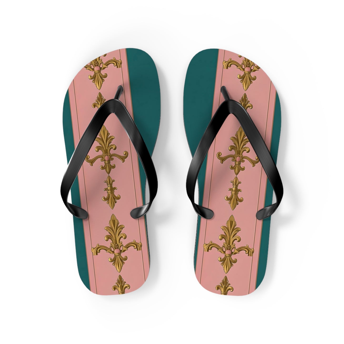 Chic Floral Flip Flops, Summer Sandals, Beach Footwear, Vacation Slides, Stylish Summer Accessories - Pink & Teal Striped Gold Baroque