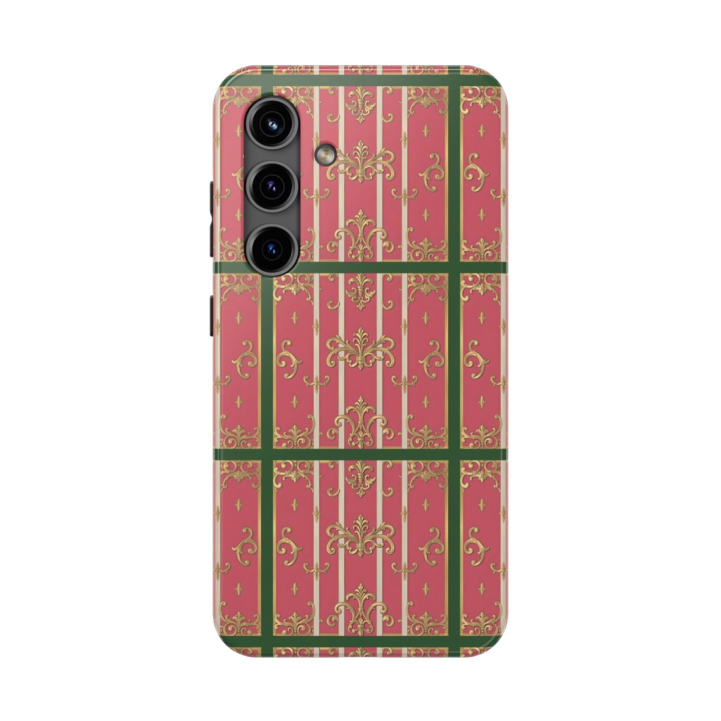 Elegant Green Border Pink Striped Baroque Phone Cases, Tough Phone Cases for Protection, Stylish Mobile Accessories, Gift for Her, Holiday Tech Gifts