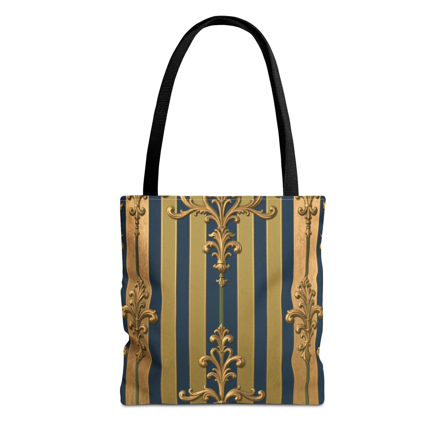 Elegant Midnight Blue & Olive Striped Gold Baroque Golden Striped Tote Bag, Stylish Shopping Bag, Trendy Handbag, Chic Gift for Her