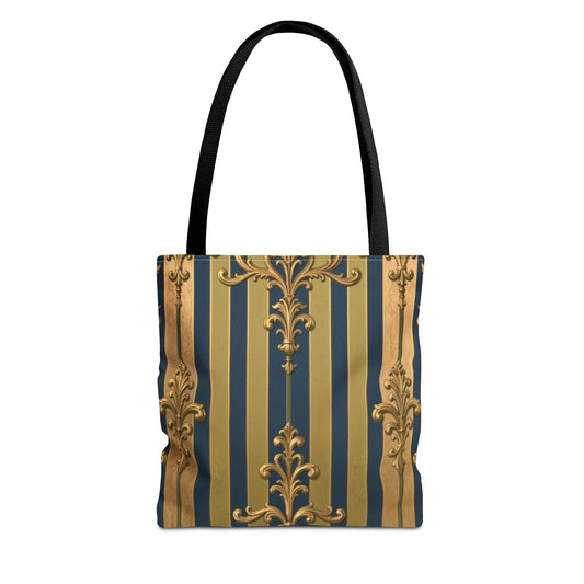 Elegant Midnight Blue & Olive Striped Gold Baroque Golden Striped Tote Bag, Stylish Shopping Bag, Trendy Handbag, Chic Gift for Her