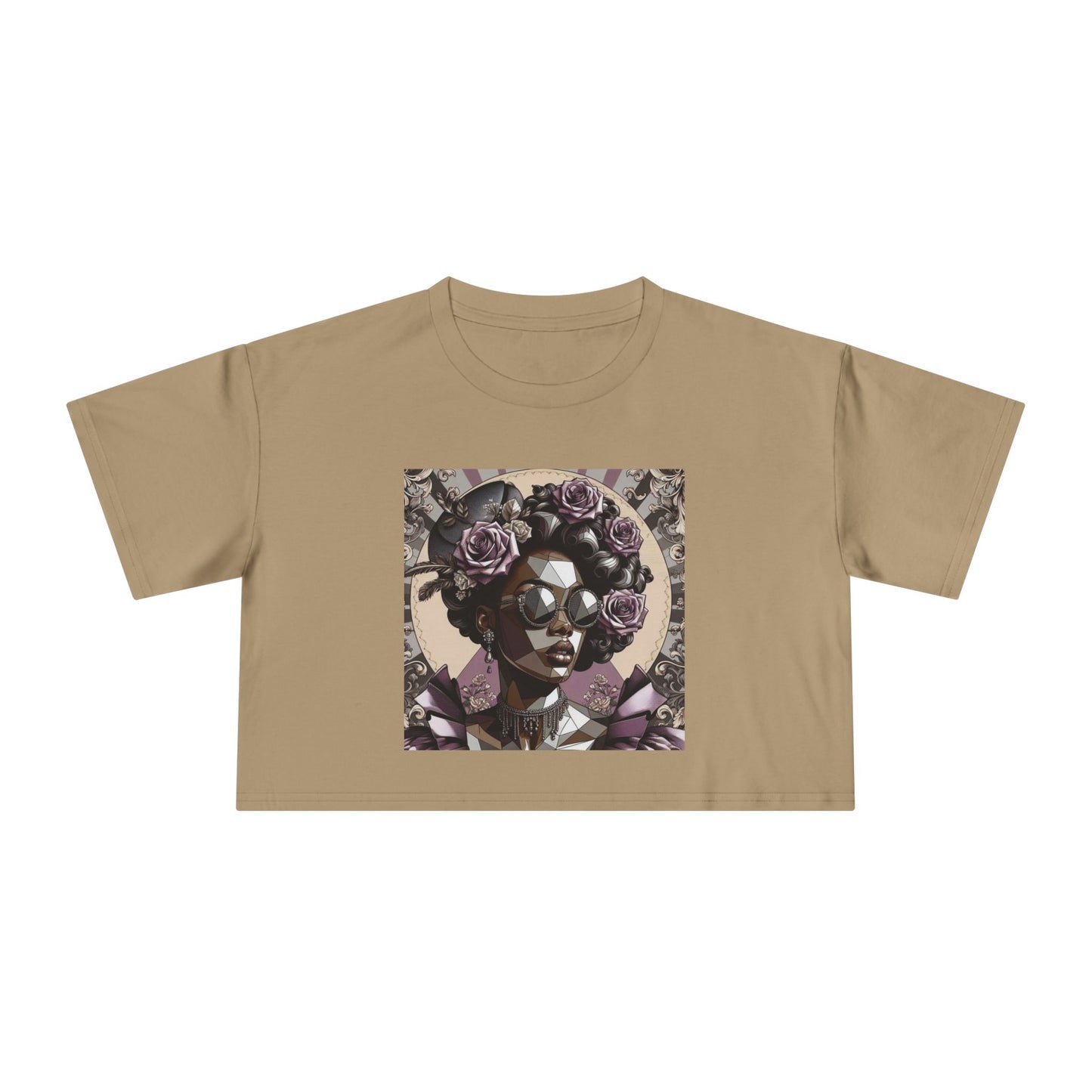 Poly Art Chic Women's Crop Tee - Floral Art Inspired Shirt, Casual Summer Wear, Festival Top, Vintage Style - Lilac Baroque Lady