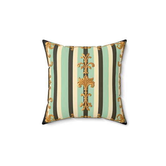 Elegant Faux Suede Square Pillow - Vintage Stripe Design, Home Decor Accent, Couch Cushion, Gift for Her - Black & Matte Mint Striped Rococo