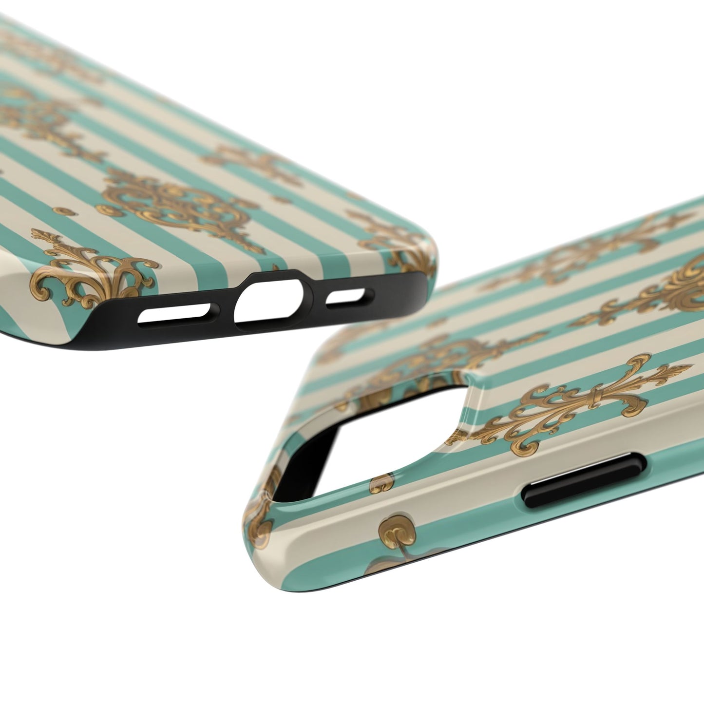 Elegant Striped Phone Case with Vintage Design, Tough Phone Cover, Stylish Smartphone Case - Matte Green Striped Rococo
