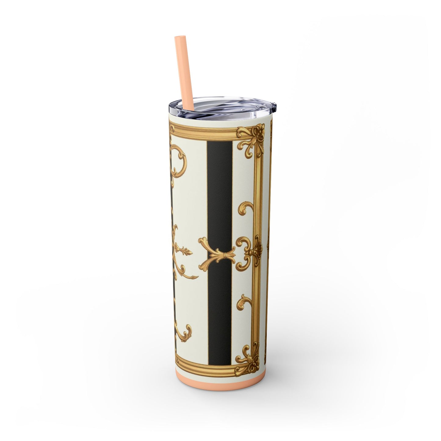 Elegant Gold Accents Skinny Tumbler, 20oz - Stylish Drinkware for Weddings, Parties, Gifts, or Everyday Use - Black & White Striped Gold Baroque
