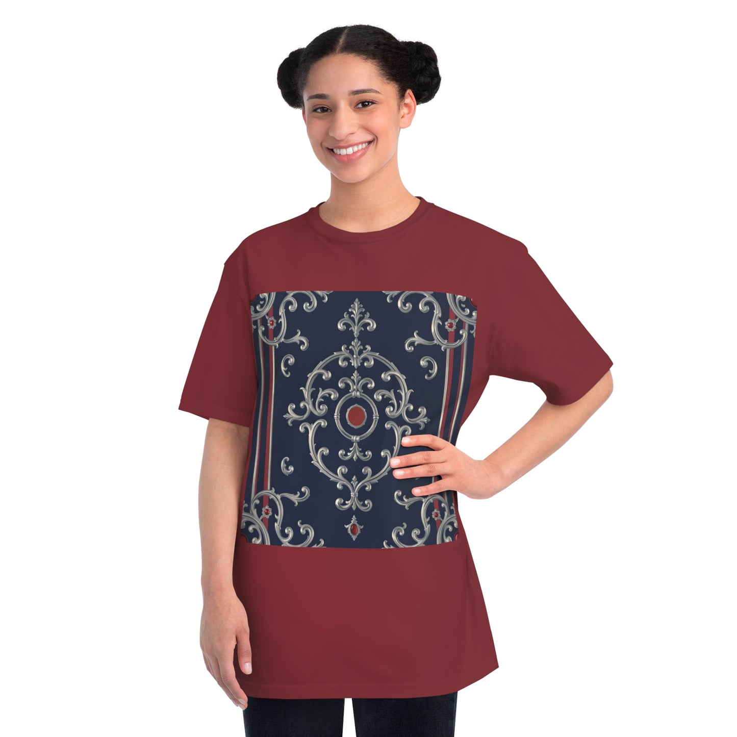 Vintage Pattern Organic Unisex T-Shirt | Baroque Style Tee, Casual Wear, Unique Gift, Eco-Friendly Fashion - Blue & Red Striped Silver Baroque