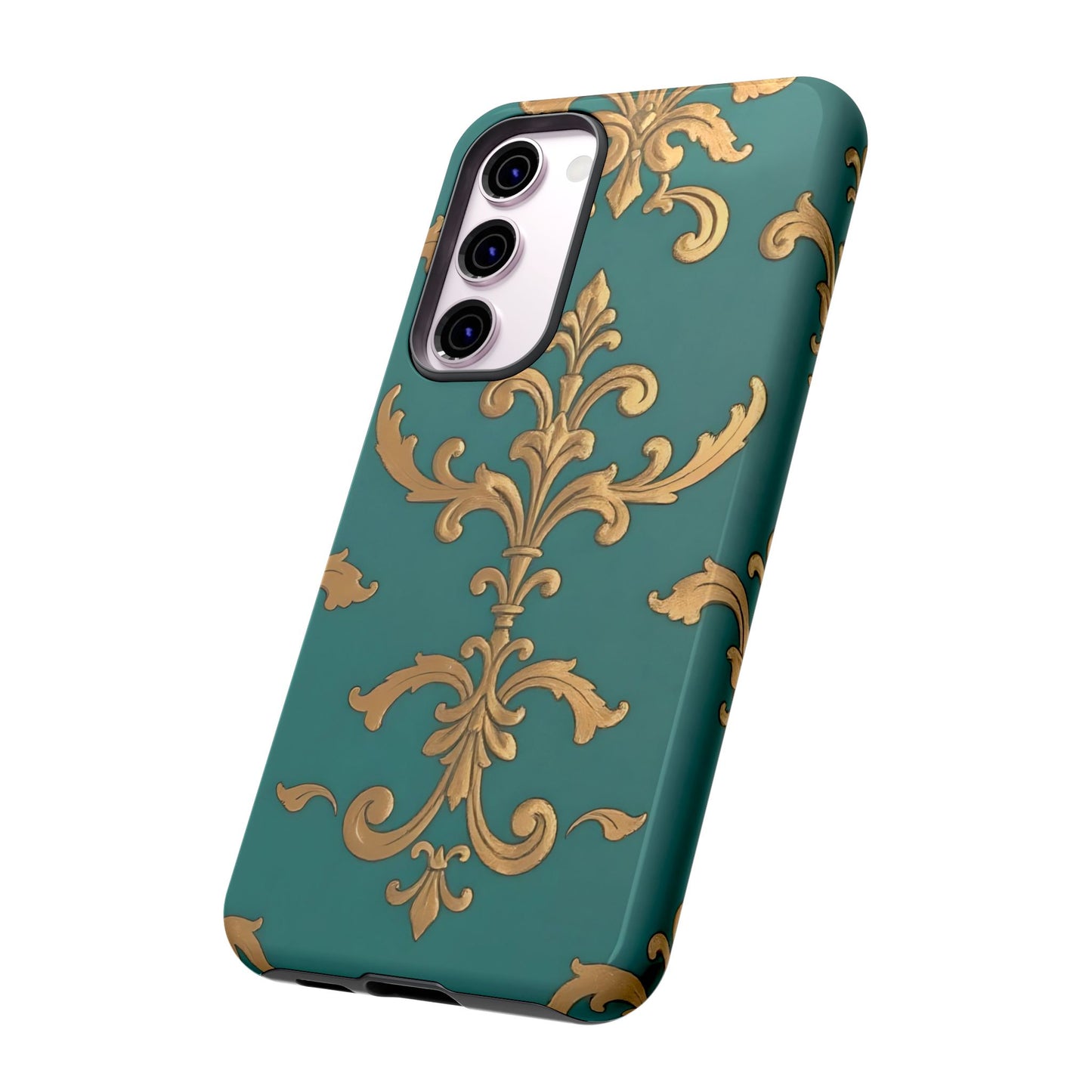 Elegant Floral Motif Phone Case - Tough Cases with Vintage Design - Aqua & Gold Damask